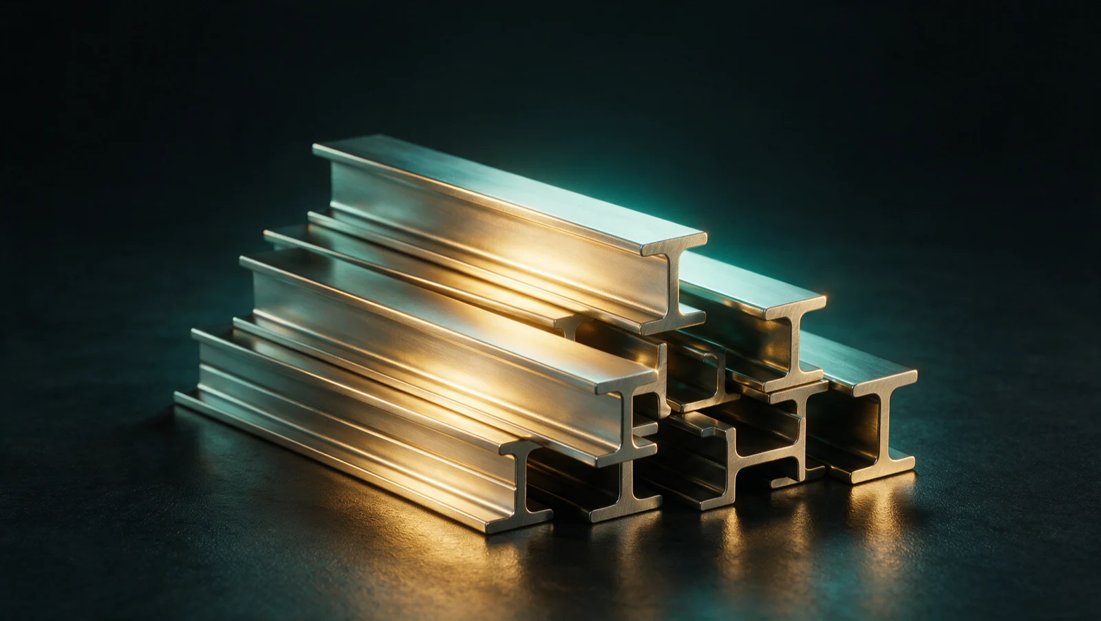 A stack of polished structural steel I-beams lit in gold and teal, representing where the construction payment chain breaks.