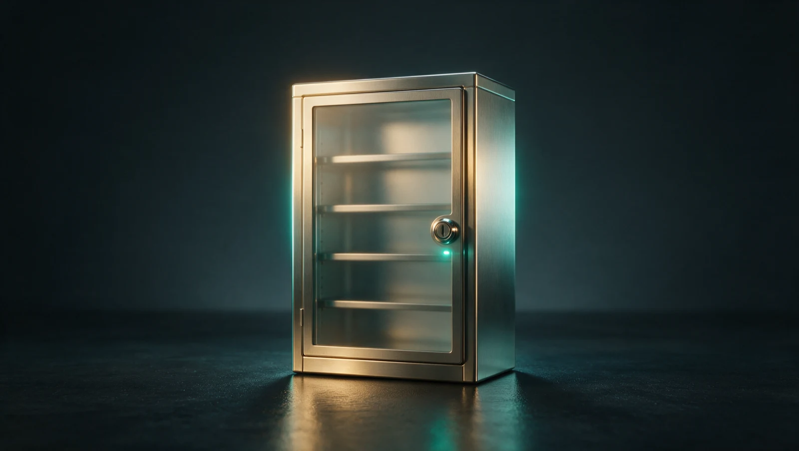A sealed brushed-steel medical supply cabinet with a secure lock and a small teal indicator, representing verification of the vendor payments leaving a health system.