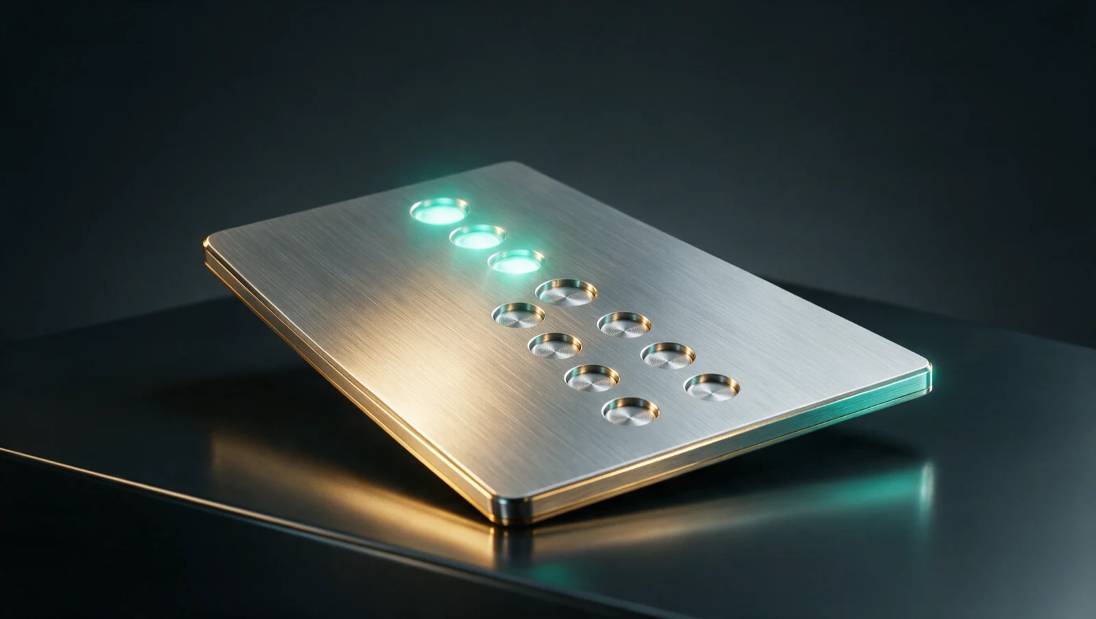 A brushed-steel engraved verification checklist plate on a dark console with the top check marks glowing teal, representing a payment-verification checklist completed step by step.