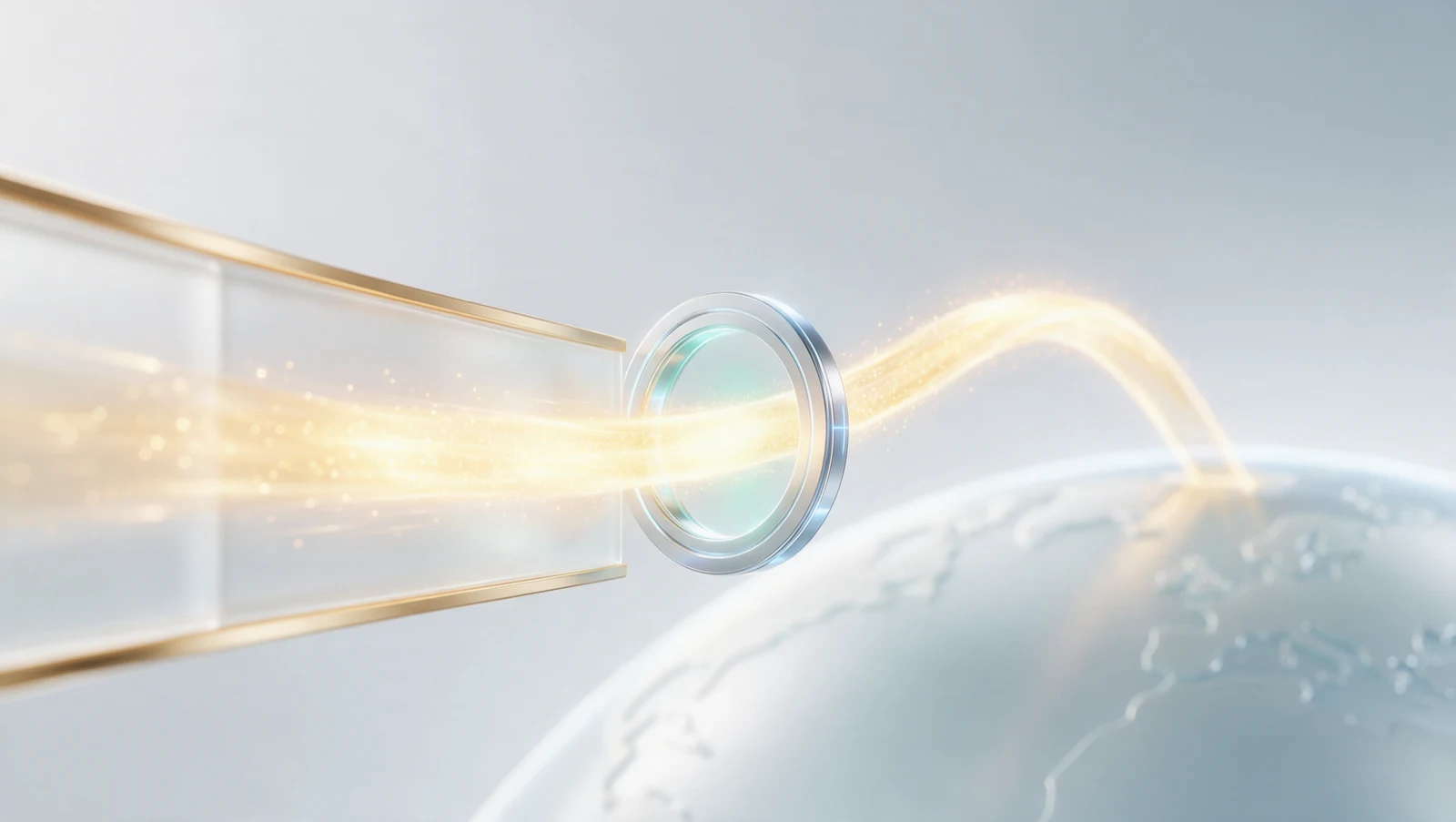 A bright editorial render of a gold wire-payment stream passing through a teal verification gateway and arcing over a globe horizon, representing an international wire verified before it crosses the border.