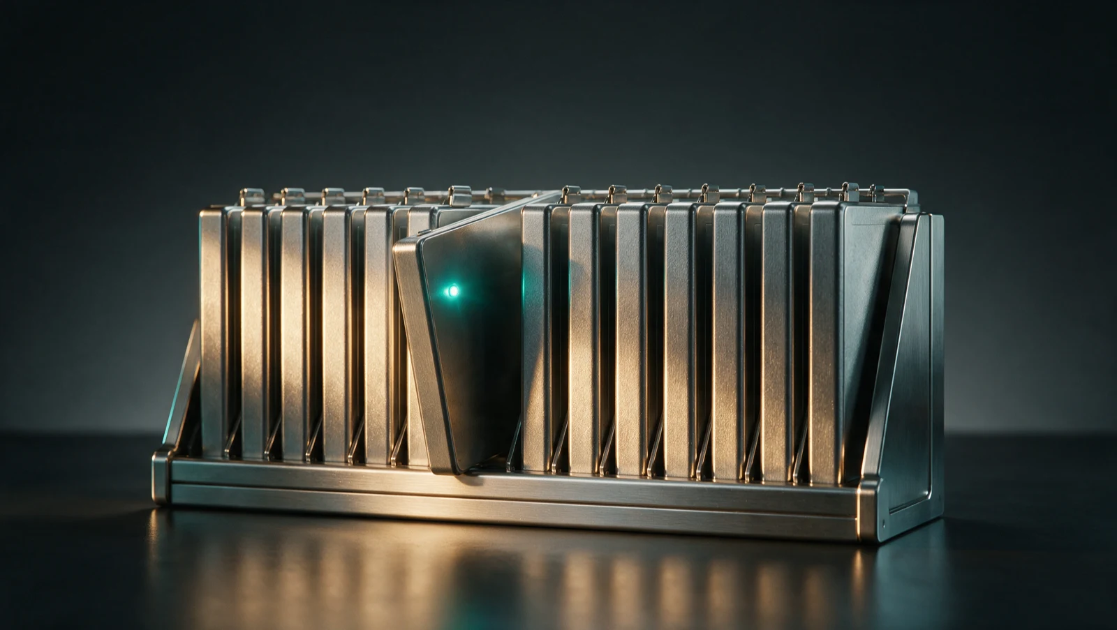 A row of brushed-steel ledger folios in a rack with one pulled forward and marked by a teal verification indicator, representing an advisor verifying payments across a book of client accounts.
