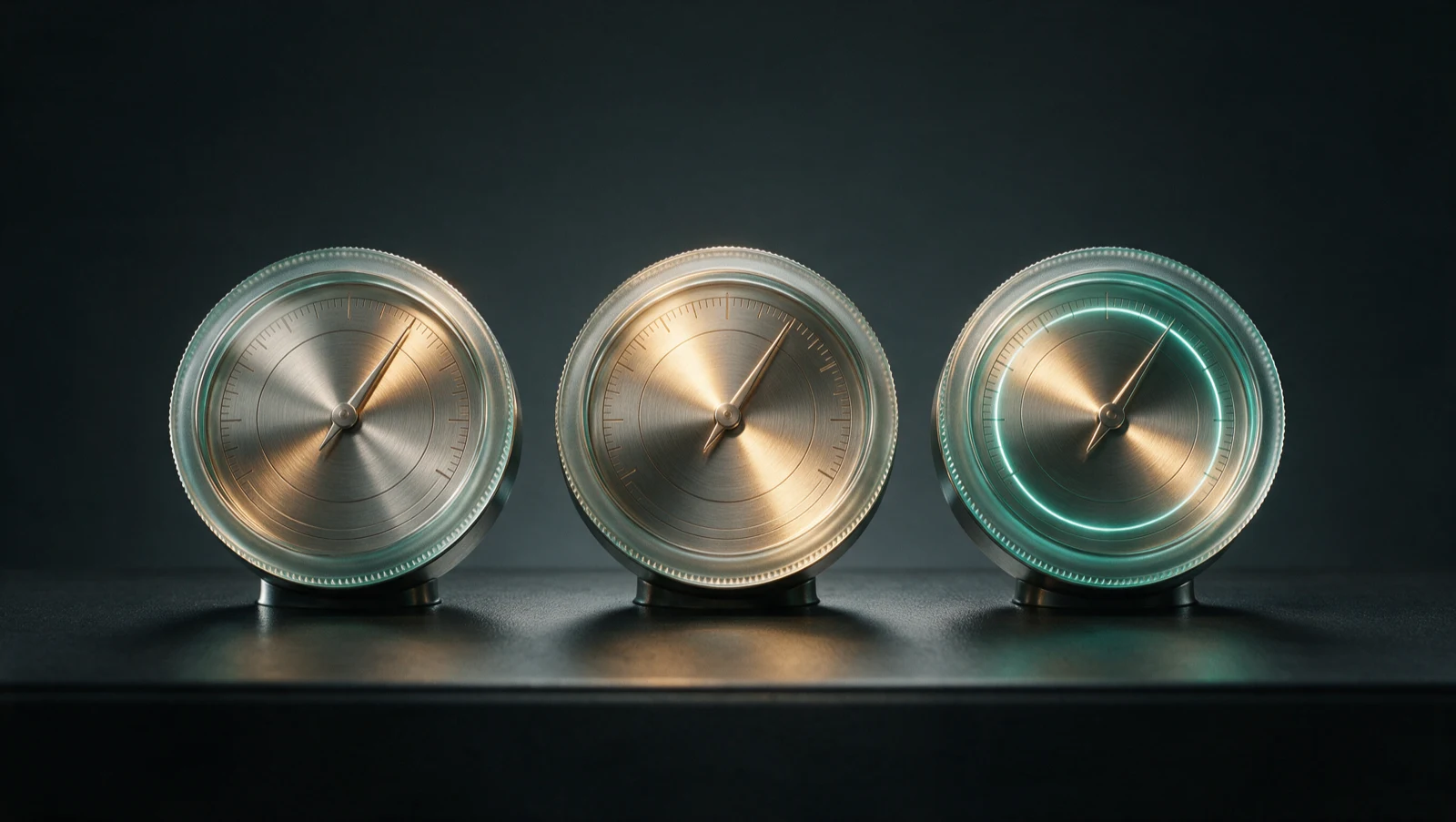 Three brushed-steel instrument gauges on a dark console, one ringed with a teal indicator, representing payment fraud figures read as measured, instrument-grade data.