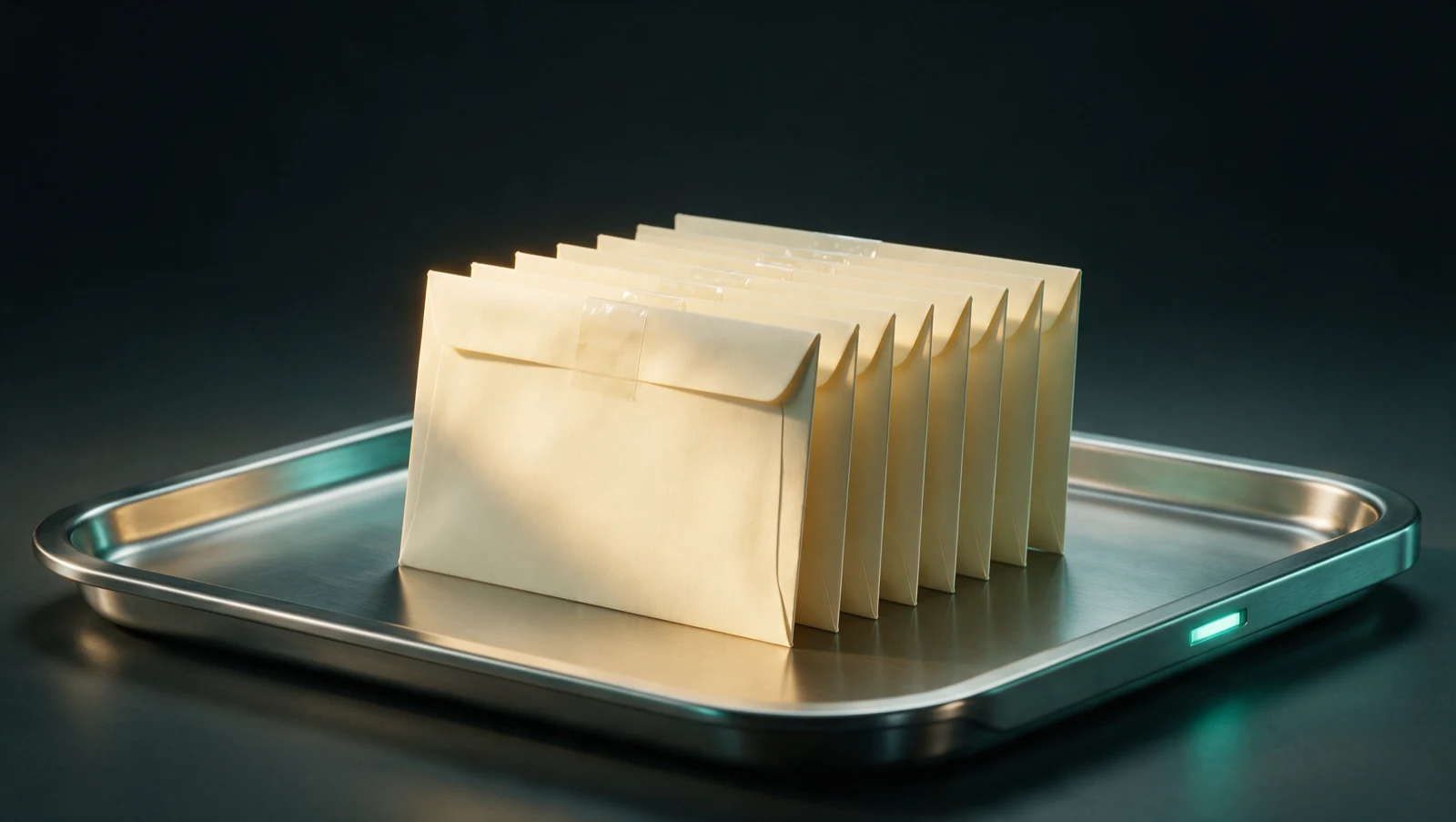 A row of sealed pay envelopes in a brushed-steel tray, representing verifying a direct-deposit change before payday.